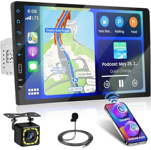Fuluku 9 Zoll Touchscreen 1 Din Drahtloses Carplay Autoradio mit Android Auto, Aufrüstung Autoradio mit Bluetooth USB EQ FM SWC Mic Rückfahrkamera