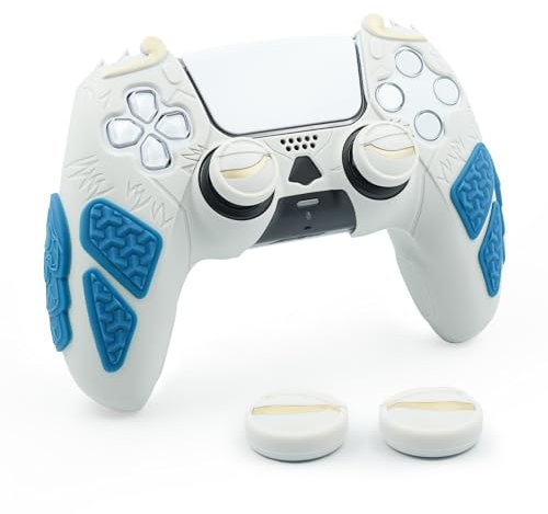 Coque ergonomique en silicone inspirée de Wukong pour manette PS5 avec capuchons de joystick aux yeux ardents, motif de cotte de mailles et dos nuage (gris)