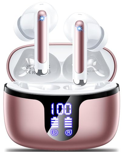 Cuffie Bluetooth, Auricolari Bluetooth HiFi Stereo 5.4 con 4 HD Mic 42H Autonomia Mini Cuffiette Wireless Sport ENC Cancellazione Rumore LED Display Touch Control IP7 Impermeabili,for iOS Android,Rosa