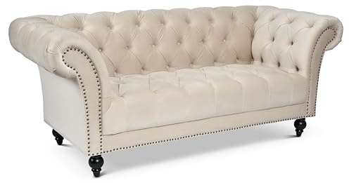 Bravich Cambridge Chesterfield Velvet 3 Seater Sofa, Cream Three Seater Settee Couch for Living Room Furniture, Button Back with Rolled Arms, Solid Wood Frame - 195 x 58 x 82cm