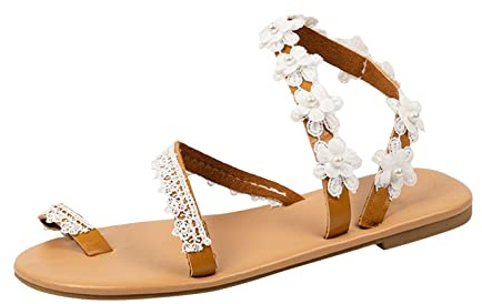 Sandales Femme Plates Dentelle Bohème Fleurs Nu Pieds Femme Légères Été Sandales Antidérapantes Respirantes Légères Élégantes Sandales Bohème Sandales Chaussures de Plag Pas Cher