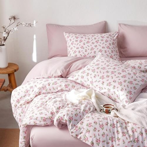 Freyamy Blumen Bettwäsche 135x200cm 2teilig Rosa Grün Floral Mädchen Bettwaren-Sets Blumenmuster Microfaser Kinder Bettbezug mit Reißverschluss und Kissenbezug 80x80cm