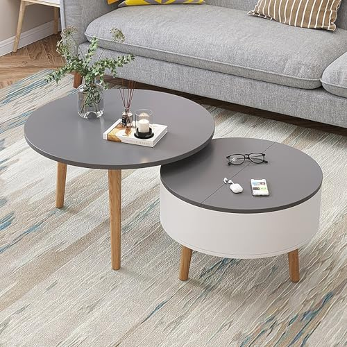 2er Set Runde Couchtische mit Stauraum, Stapelbare Wohnzimmertische aus Holz mit Klappdeckel, Kleiner Beistelltisch mit Verstecktem Fach für Wohnzimmer oder Kleine Räume(60cm/23.6in,Gray/white)