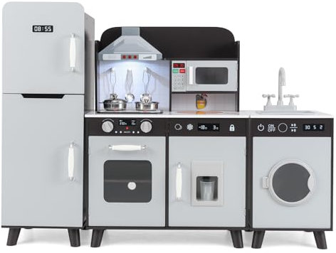 GOPLUS Cuisine en Bois Enfant, Jouet de Cuisine d'angle avec Effect Sonore et Lumières, Réfrigérateur, Machine à Laver, Hotte, Micro-Ondes, Rangement, Cuisine Modulaire de Jeu pour 3+ Ans (Brun)