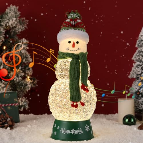 Lewondr Musikalische Weihnachtsschneekugel, Beleuchteter Schneemann mit Grün Schal, Glitzer&8 Lieder&Timer, Batteriebetriebene Singende Weihnachtsschneelaterne für Heimdekoration Xmas Geschenk