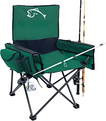 EASYGO PRODUCTS Fishing Chair with Rod Holder – Built in Cooler – Hands Free Fishing Pole Holder - Storage Pouch – Full Size Portable & Folding – Ruler for Measuring Fish, Fishing Chair Green