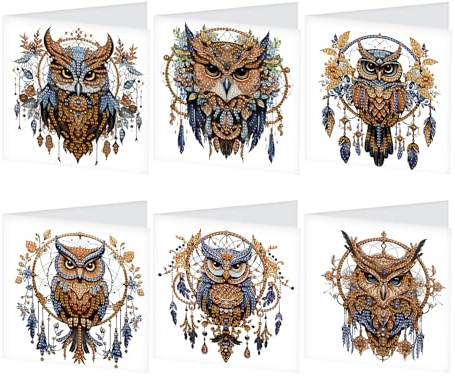 SHEGZHUC 6er Diamond Painting Grußkarten Set Eule Traumfänger, Karten Tiere mit Umschlägen, Geburtstagskarte Dankeskarte Segensgrußkarte Feiertagskarten, Geschenk für alle Altersgruppen geeignet