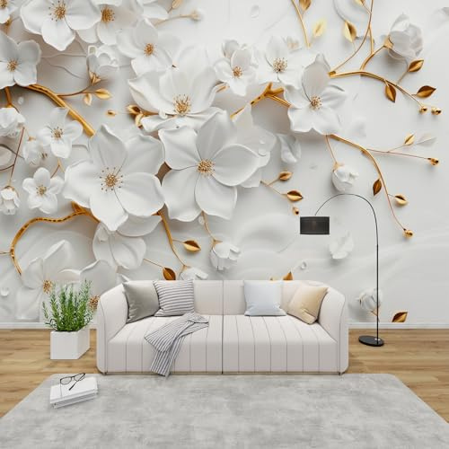 PaxGloz Fototapete Blumen 3D Effekt Tapete Weiß Gold Zweige Tapeten Vliestapete Modern Wandtapete Wohnzimmer Schlafzimmer Kinderzimmer Wanddeko Motivtapeten 300 x 210 cm (B x H)