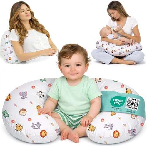Cuscino Allattamento e Gravidanza Ciambella Allattamento Neonato con Federa in 100% Cotone e Morbido Riempimento Supporto Ergonomico alla Schiena Idea Regalo per Neo Mamme Accessorio Premaman Lavabile
