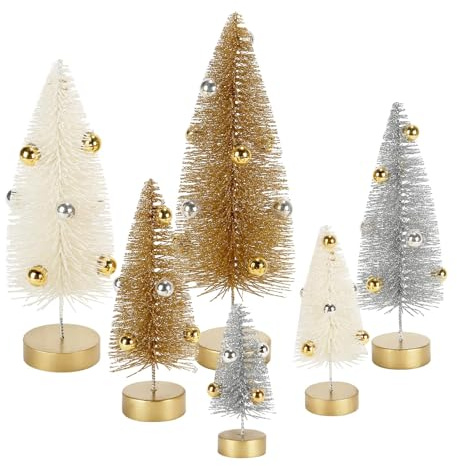 Christmas Mini Bottle Brush Trees Set of 6 – Frosted Tabletop Trees with Red & Gold Ornaments for Tiered Tray, Shelf, Mantel, Coffee Bar & Holiday Table Decoration (SYNC-5083)