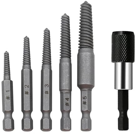 TorSor 6 Pack Damaged Screw Extractor Set with 1/4 Inch Hex Shank Drill Bit Extension Bit Holder Spiral Stripped Screws Remover for Broken Bolts Nuts Hex Impact Driver Cordless Drill Power Tool