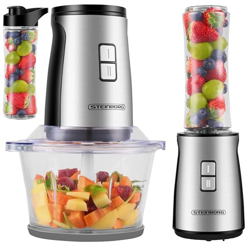 Steinborg® Zerkleinerer 2in1 Standmixer Smoothie Maker To Go Becher, 500W Multizerkleinerer, 2L Glasbehälter & 600ml Tritan Becher, Küchenzerkleinerer, Edelstahlmesser zum Zerkleinern & Mixen