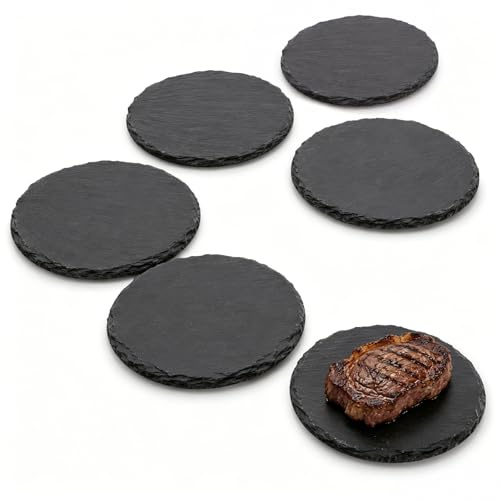 hocadon Lot de 6 Plateau Ardoise 15 x 15 cm Assiettes Rond en Ardoise | Antidérapantes, Assiette Noir pour Buffet, Sushi et Fromage, Décoration de Table