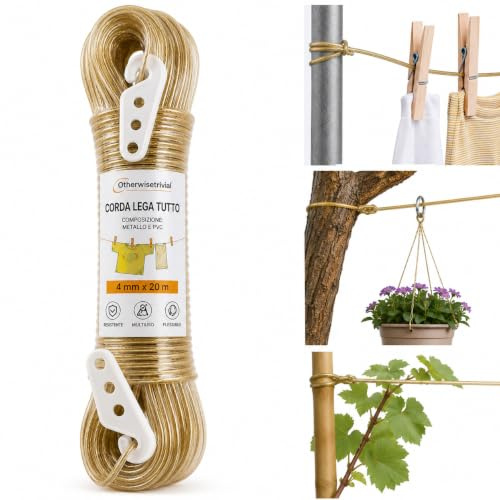 Cuerda multiusos para tendedero con alambre metálico recubierto de PVC, 4 mm x 20 m