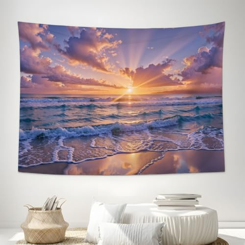 Sonnenuntergang Über Dem Meer Sonnenuntergang Am Strand Wandbehang Wandteppich Küstenlinie Im Weitwinkel Wandtuch Wand Deokration Orange Tapisserie ästhetisch Für Wohnheim Schlafazimmer, 230x180cm
