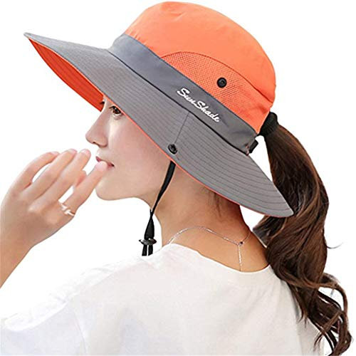 Fueerton Damen Breiter Krempe im Freien UV-Schutz Faltbare Mesh Strand Sonnenhut Angeln Hut (Orange)