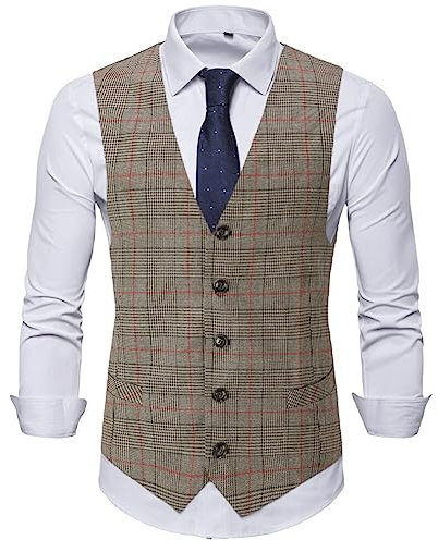 YOUTHUP Weste Herren Westen Kariert Anzugwesten Streifen Slim Fit Plaid Baumwolle Herrenweste, Braun, XL