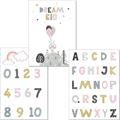 artpin® Set ABC Poster Alphabet Lernposter - Kinderzimmer Dekoration Buchstaben Zahlen Im Skandinavischen Stil - A4 Bilder für Mädchen P53