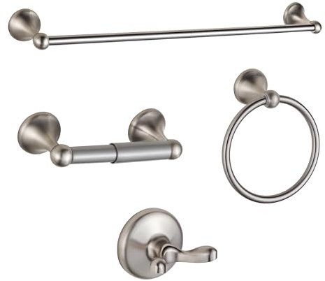 BGL, Set di accessori da bagno, regolabili ed espandibili, 4 pezzi, con barra per asciugamani, anello asciugamano, gancio accappatoio e porta carta igienica, montaggio a parete, in nickel spazzolato