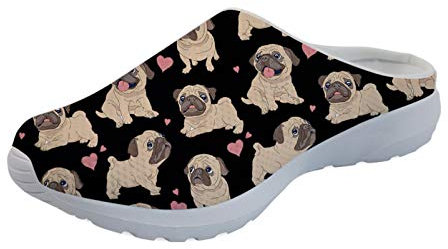 Showudesigns Damen-Schlupfschuhe, Netzstoff, Tierdruck, Gargen, Clog, Mops, Schwarz, 39 EU