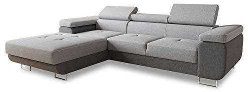 Ecksofa Divo mit Schlaffunktion, Bettkasten und Kopfteilverstellung, Polsterecke, Wohnlandschaft, Sofagarnitur, Couch, Sofa, Federkern (Dunkelgrau + Grau (Sawana 05 + Sawana 21), Ecksofa Links)