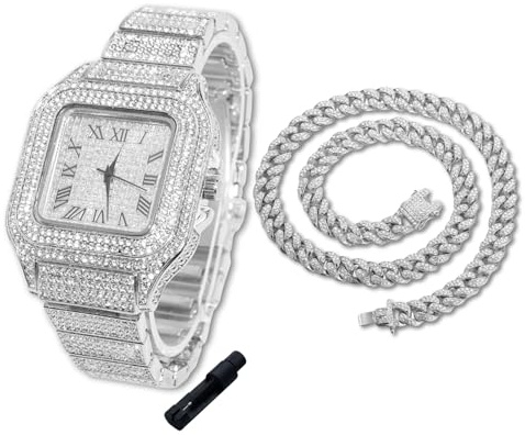Halukakah Diamanten Gold Uhr Iced Out für Jungen - 18K Echtgold/Platin Platiniert,40mm Quadrat Zifferblatt,Japanisches Quarzwerk - 20cm Länge - Optional mit Cuban Gliederkette,mit Anpassungswerkzeug