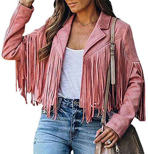 FeMereina Veste courte à franges pour femme - Manches longues - Revers en daim - Veste de motard - Style décontracté, rose, L