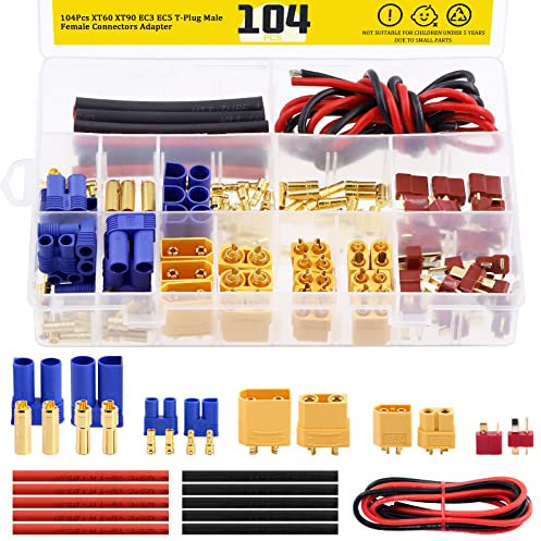 Mardatt Lot de 104 connecteurs adaptateurs mâles femelles XT60,XT90 /EC3,EC5,T-Plug Deans de 3.5 mm avec tube thermorétractable et fil en silicone pour chargeur de batterie RC ESC Accessoires moteur