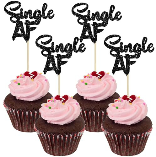 Gyufise 24 Pack Single AF Cupcake Toppers Black Glitter Divorce Cake Toppers Break Up Boy Bye Cupcake Picks Decorations for Divorce Break Up Party Decorations Thank You Next Party Supplies