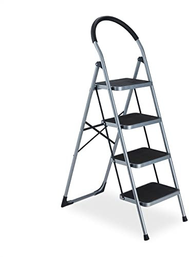 Relaxdays Trittleiter, klappbare Haushaltsleiter, 4 Stufen, bis 150 kg, Stufenleiter mit Haltegriff, Stahl, grau/schwarz