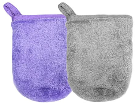 SIOPPKIK Mikrofaser Waschbar Abschminkhandschuh Mikrofaser Handschuh Gesicht Waschlappen Weich Wiederverwendbar 9cm x 12cm 2 Stück (grau und lila)