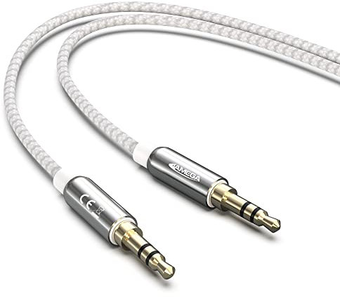JAMEGA - 7,5m Aux Kabel 3.5mm Audio Kabel - Klinke Stereo 3.5mm Nylon Klinkenkabel für Kopfhörer, Lautsprecher, MP3 Player, Auto, TV, Soundbar, Heim/KFZ Stereoanlagen, Handy uvm. – Silber