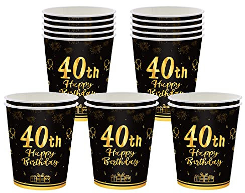 POPOYU Paper Cup Happy 40th Birthday,Black & Gold Paper Cups,16Pc Disposable 40th Tableware Party Birthday cups,40th Birthday Party decor Paper Cup for Girls,Boys,Kids,Him,Her Birthday Party Supplies