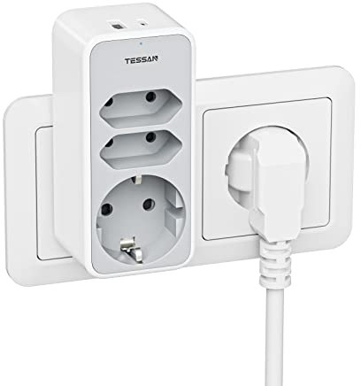 TESSAN Multiprise Murale avec 3 Sortie AC et 2 USB, 5 en 1 Prise Multiple USB C Compatible avec Phone, Pad, Adaptateur Secteur pour Maison, Bureau, Gris