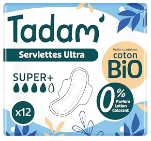 TADAM 12 Dermo-Sensitive Damenbinden – Ultra Flux Super + | Hygieneeinlagen für Damen, ultradünn, mit Flügeln – extra saugfähig – auf Basis von Bio-Baumwolle – Komfort Tag und Nacht