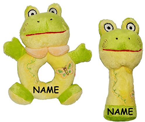 alles-meine.de GmbH 2 TLG. Set: Babyrassel/Greifring + Quietscher - Frosch - incl. Name - Rassel aus Plüsch - Ring/Stofftier - Stoffspielzeug - Ringrassel - Baby Klapper ..