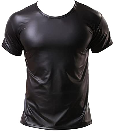 Herren Lack Leder Kurzarm T-Shirt Rundkragen Sexy PU-Leder Solid Color Mode Punk Gothic Top