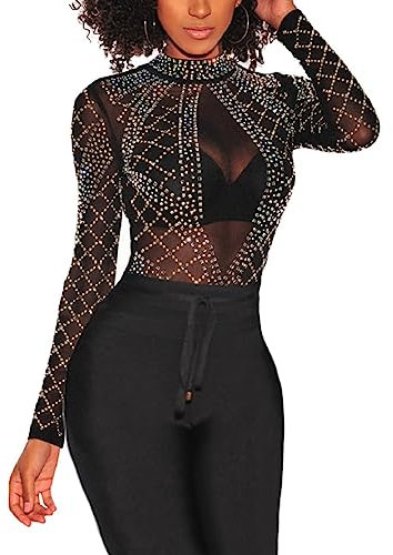 MAYFASEY Women Sexy Mesh Long Sleeve Rhinestone Top See Through Slim Fit T Shirt Tunic, Black, M