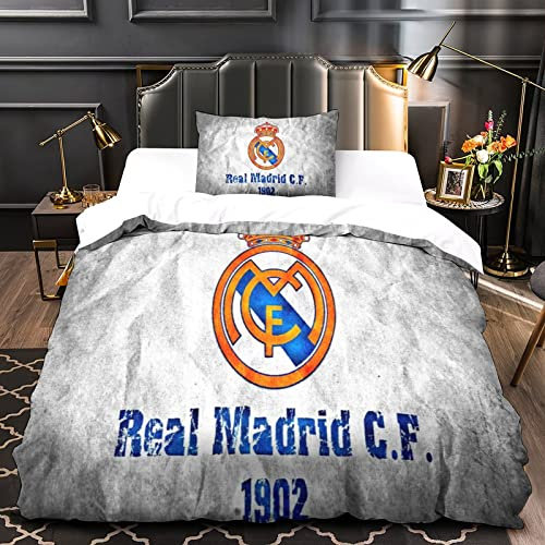 HESHS Real Madrid Quilt Cover Set, 3D Fußball Clubs Bettbezug, Bettwäsche 3-teiliges Set Für Kinder, Jugendliche, Erwachsene, Männer, Frauen Mikrofaser Single(135x200cm)