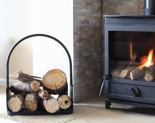 AuraHome Modern Simple Black Wood Log Coal Holder Wood Cradle with Carry Handle Minimalist Fireside Accessory Powder Coated Steel, 41 x 47 x 30 cm