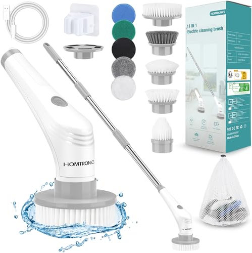 Cepillo Eléctrico Limpieza Hogar, [IPX8 Impermeable] 15 EN 1 Homtronics Fregadora Giratoria Eléctrico con 10 Cepillo Reemplazables, 2 Velocidades de Rotación, Cepillo para Baño, Cocina, Tina, Piso
