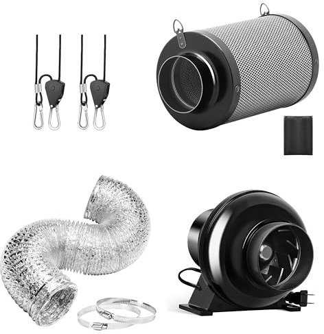 iPower 4 Inch 195 CFM Inline Fan Ventilation Exhaust Blower, Air Carbon Filter, 8 Feet Flexible Ducting and Rope Hanger for Grow Tent, HVAC Heating Cooling