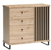 MINIO go for it - Kommode mit Lamellen Mali Sideboard mit 4 Schubladen | 101,6 x 95,4 x 40,6 cm, Moderne Möbel Ideal für Wohnzimmer, mit Metallfüßen - Artisan Eiche/ Schwarz