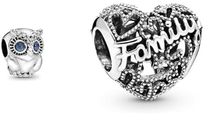 Pandora Charm Funkelnde Eule 798397NBCB & Family Herz Charm Sterling-Silber 8,6 x 10,8 x 11,5 mm (T/H/B)