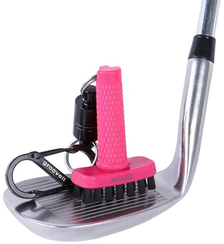 Grooveit MiniG The Dry Scrubber - Mini Golf Club Brush - Heavy-Duty Nylon Bristles - 3-Yr Warranty - Part of Any Golf Club Cleaning Kit - Detachable Magnetic Club Head Groove Cleaner Tool (Pink)