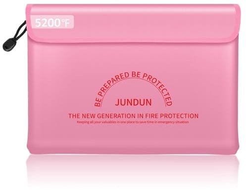 JUNDUN Feuerfeste Dokumententasche mit 5200℉ Wärmeisolierung, 36x26cm wasserdichte und feuerfeste Geldtasche, 8 Lagen verdickte feuerschutz Tasche mit Reißverschluss für Dokumente und Bargeld,Rosa
