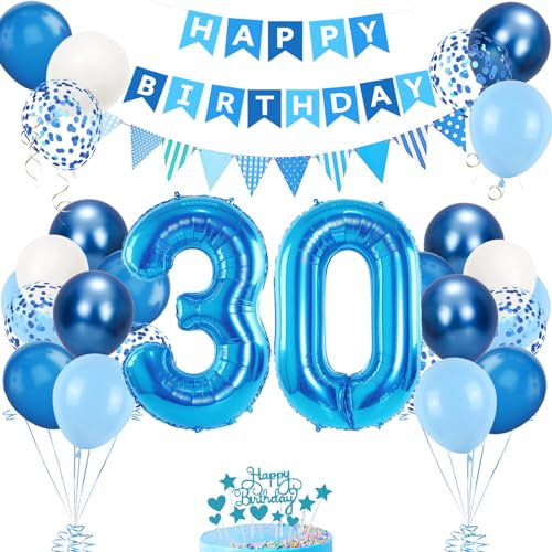 30. Geburtstag Deko Blau, Luftballon 30. Blaue, Geburtstagsdeko 30 Jahr, Junge 30 jahre Luftballon deko Blau, Zahl 30 Helium Luftballons Tortendeko Blau Weiß Ballons für Geburtstag Party Deko
