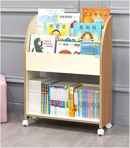 MOOWI Zeitungsständer Bücherregal, Kunst-Bücherregal aus Holz, einfaches mobiles Bücherregal mit Riemenscheiben-Aufbewahrungsregal, Wohnzimmer-Aufbewahrungsregal (Farbe: Holz) Bücherständer