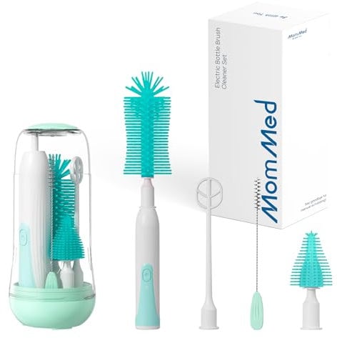 MOMMED Electric Bottle Cleaner Set, 360° Rotation, Travel Set Includes Silicone Bottle/Pacifier/Straw Brush and Mixing Stick, Rechargeable, Green