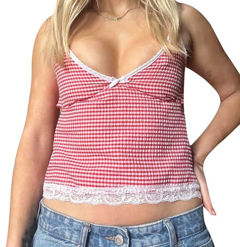 Frauen Y2K Spitze Plaid gedruckt Cami Tank Top Cute Bow Backless V Hals ärmellos Tee Shirts Top Sommer Streetwear (Red, S)